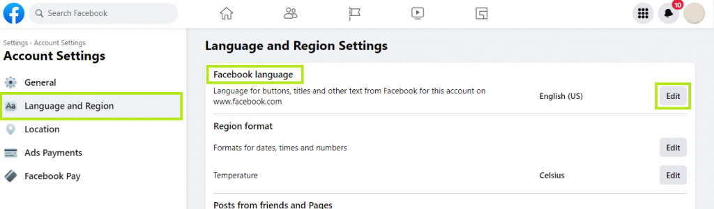 7. Намерете „Facebook Language“ и изберете „Edit“
